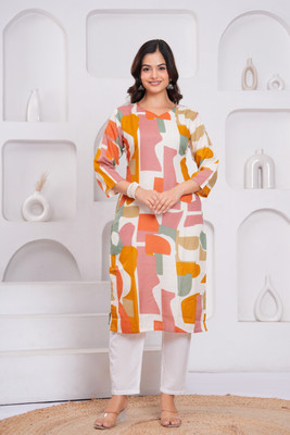 RENSILAFAB Women Printed A-line Kurta(White)