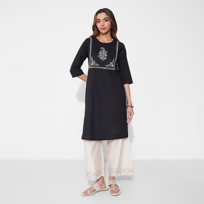 Rangmanch by Pantaloons Women Embroidered A-line Kurta(Black)