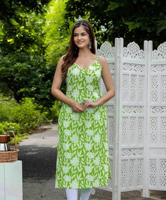 PARTHVI Women Printed Straight Kurta(Green)