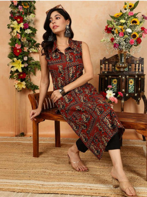 GSK CREATION Women Printed Straight Kurta(Brown)
