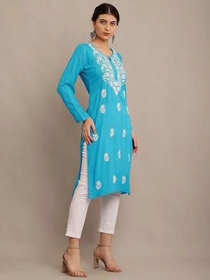 The Sufistore Women Chikan Embroidery A-line Kurta(Blue)