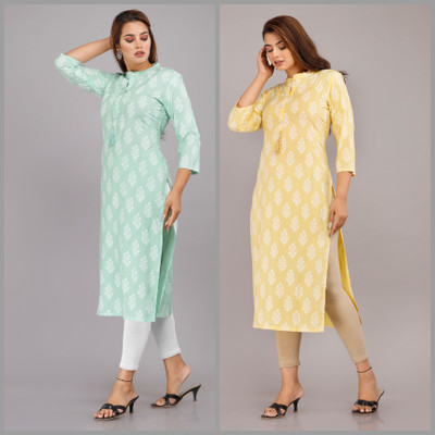 WOLKA Women Floral Print Straight Kurta(Light Blue, Yellow)