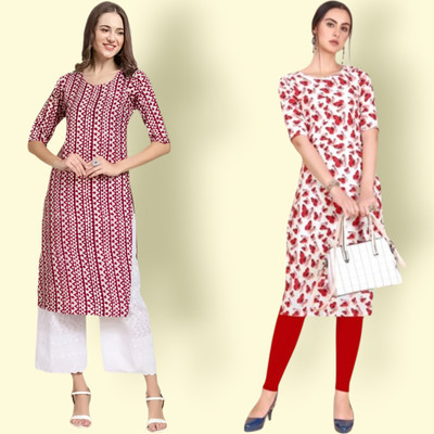 KAUTAQI Women Printed Straight Kurta(Multicolor)