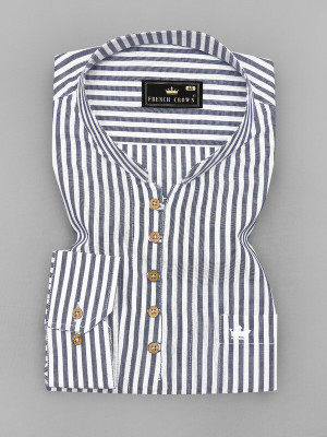 french crown Men Striped Straight Kurta(White)