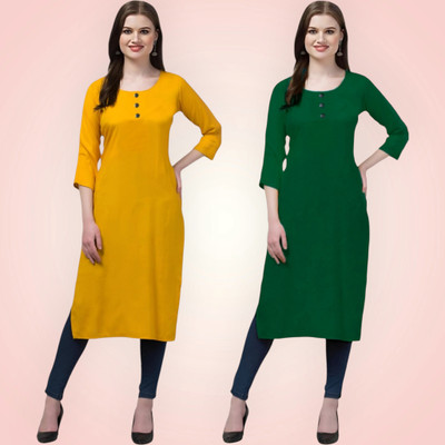 Coft Women Solid Straight Kurta(Dark Green, Yellow)