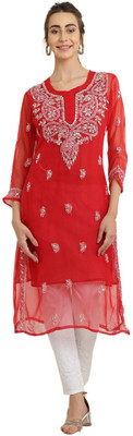 FAWOMENT Women Chikan Embroidery Straight Kurta(Red)