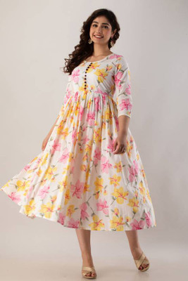 TANTANATAN Women Floral Print Anarkali Kurta(Yellow)