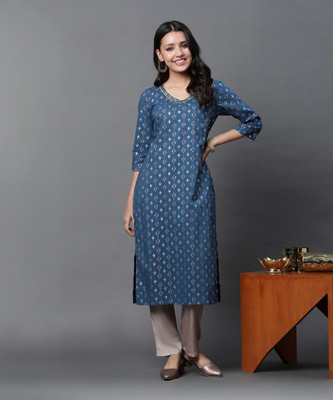 Aurelia Women Printed Straight Kurta(Blue)