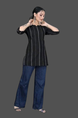 texpa Women Printed Straight Kurta(Black)