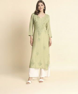 HERE&NOW Women Embroidered A-line Kurta(Light Green)