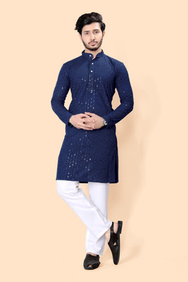 KISHANTRADE Men Chikan Embroidery Pathani Kurta(Blue)