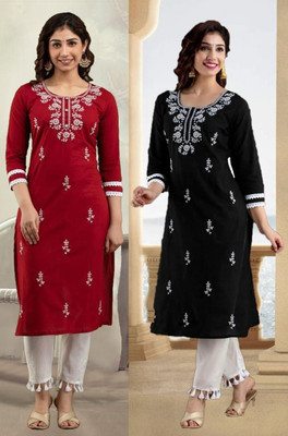 vikshi Women Chikan Embroidery Straight Kurta(Multicolor)