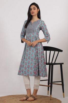 Folksong Women Floral Print Flared Kurta(Blue)