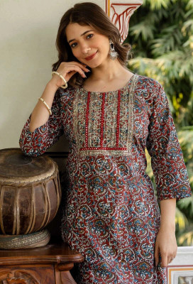 Surhi Women Embroidered Straight Kurta(Maroon)