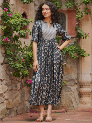 LIBAS Women Printed Flared Kurta(Dark Blue, Yellow, White)