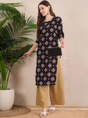 SZN Women Printed A-line Kurta(Black)