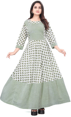 rutu fashion Women Printed A-line Kurta(Light Green, White, Blue)