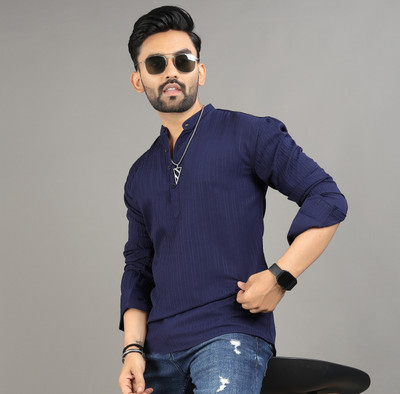SPOQUE Men Solid Straight Kurta(Dark Blue)