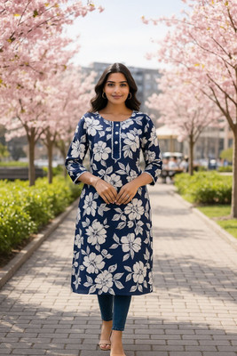 FARZA Women Floral Print, Printed Straight Kurta(Blue)