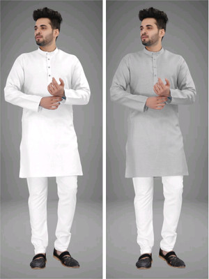 click n buy Men Solid Straight Kurta(Grey, White)