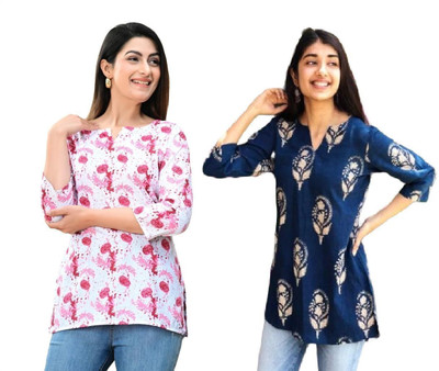 GURUFASHIONS Women Printed Straight Kurta(White, Blue)