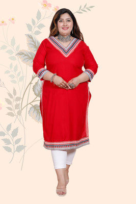 MEHKFAB Women Solid Straight Kurta(Red)