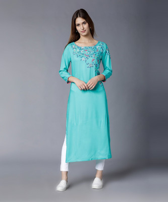 Vishudh Women Printed Straight Kurta(Light Blue)