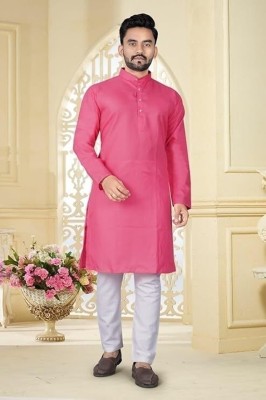 MANIMANN Men Solid Straight Kurta(Pink)