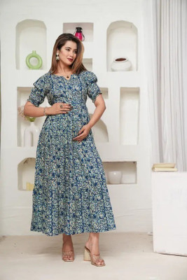 RIZA CREATION Women Printed, Floral Print Flared Kurta(Blue, Beige)