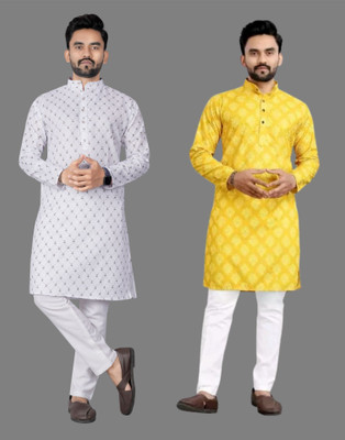 DHASU TRENDZ Men Printed Straight Kurta(White, Yellow)