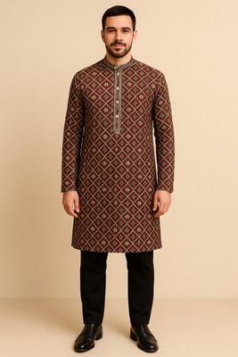 Gcp Men Geometric Print Straight Kurta(Red)