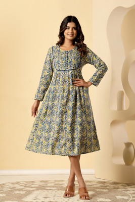 SHRIZA Women Empire Waist Yellow Midi/Calf Length Dress