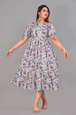 Twirl Tales Women A-line Red, Blue, White Midi/Calf Length Dress