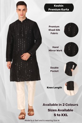 Koshin Men Embroidered A-line Kurta(Black)