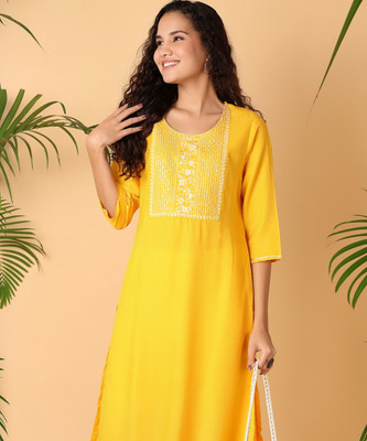 UNLIMITED Women Embroidered A-line Kurta(Yellow)