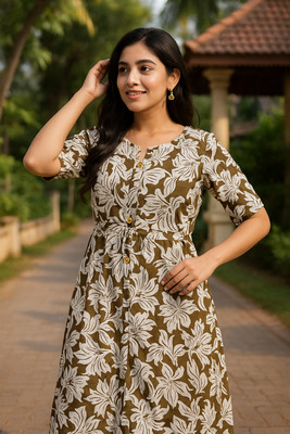 Shinayal Women Printed A-line Kurta(Dark Green)