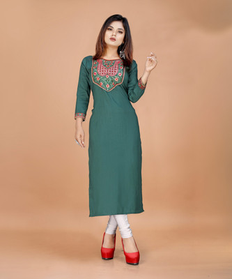 Manidhar Women Embroidered Straight Kurta(Green)