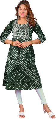 HUUHAMBAY Women Printed Flared Kurta(Green)