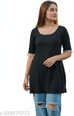 KAVATHIYA Women Solid A-line Kurta(Black)
