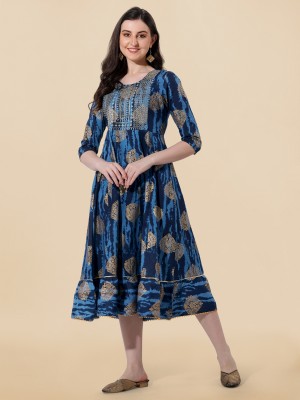 MIRCHI FASHION Women Printed Flared Kurta(Blue, Gold)