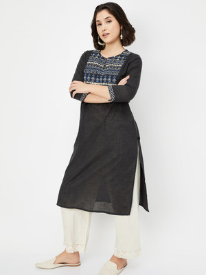 MAX Women Printed Straight Kurta(Grey)