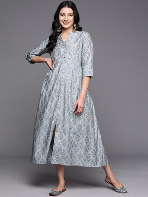 LIBAS Women Printed Flared Kurta(Grey)