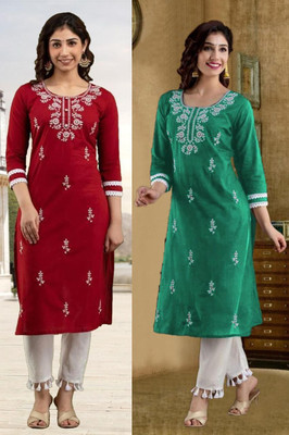 SISTO Women Chikan Embroidery Straight Kurta(Multicolor)