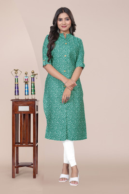SIMPLYETHNIC Women Printed Straight Kurta(Dark Green, White)