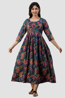 OMSHA Women Floral Print A-line Kurta(Blue)