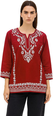 Era Chikan Women Embroidered Ethnic Dress Kurta(Red)