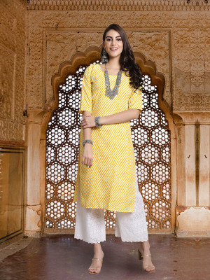 EthnicBasket Women Printed Straight Kurta(Yellow)