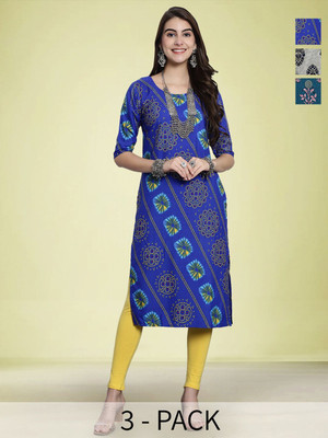 Moda Rapido Women Bandhani Straight Kurta(Blue)