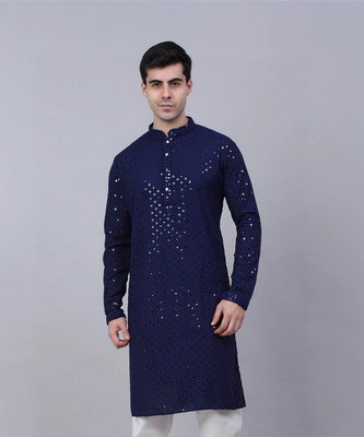 Jompers Men Chikan Embroidery Straight Kurta(Dark Blue)