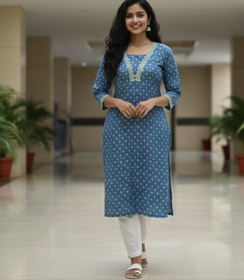 Avaasa Women Geometric Print, Embroidered, Printed, Leheriya Straight Kurta(Blue)